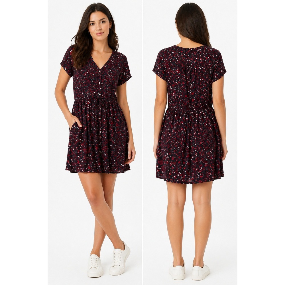 GAP Floral Mini Dress 6 Black Red Boho Tie Waist Button Front Flowy Cottagecore